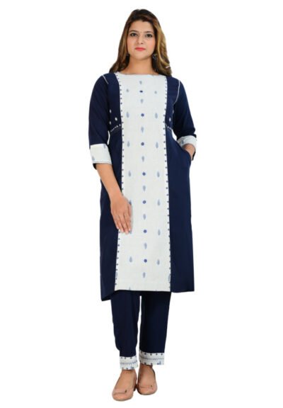 Blue Hand Embroidered Upcycled Cotton Kurti Pant Set With Kantha Work