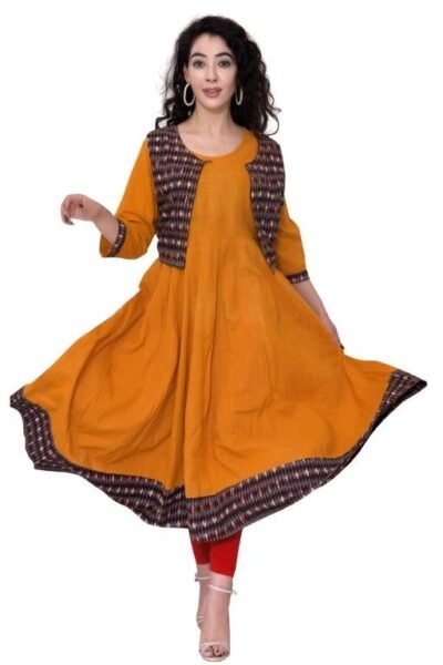 Yellow Hand Embroidered Upcycled Cotton Kurti With Block Printed Jacket