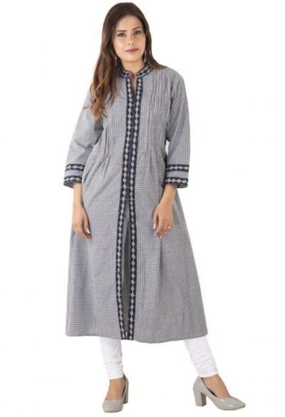 Cotton Long Mangalgiri Grey Check Kurta