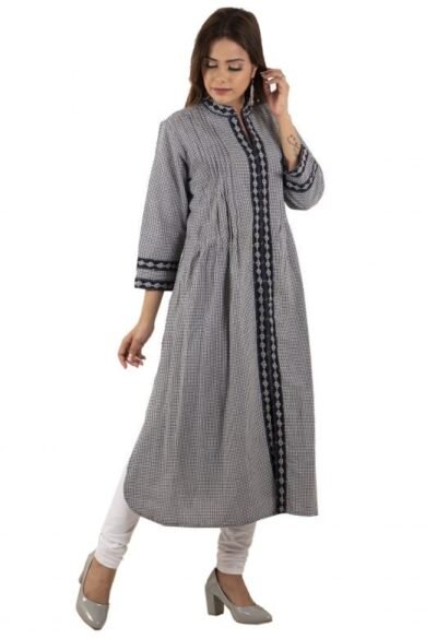 Cotton Long Mangalgiri Grey Check Kurta