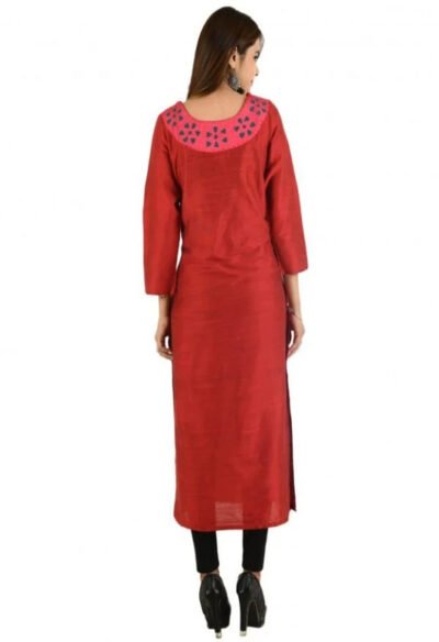 Maroon Front Panel Long Silk Kurta with Upcycled Cotton Fabric