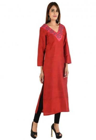 Maroon Front Panel Long Silk Kurta with Upcycled Cotton Fabric