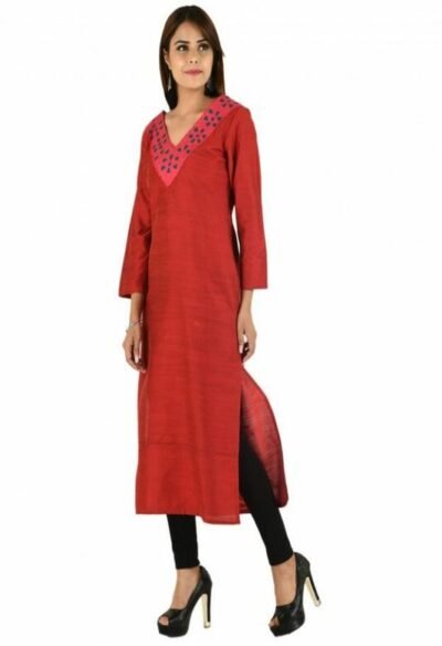 Maroon Front Panel Long Silk Kurta with Upcycled Cotton Fabric