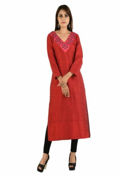 Maroon Front Panel Long Silk Kurta with Upcycled Cotton Fabric