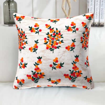 Orange Floral Embroidered Silk Cushion Cover