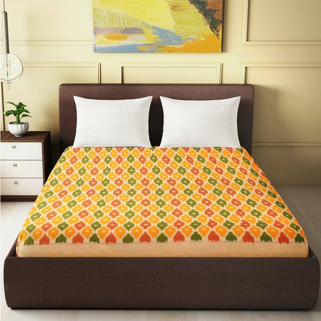 Ikkat Single Bedsheet Without Pillow Covers Wheat and Light Yellow Color