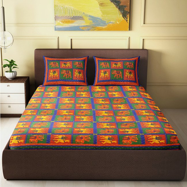 Rajasthani Traditional Jumbo Double Bedsheet with two Pillow Covers Red & Yellow Color