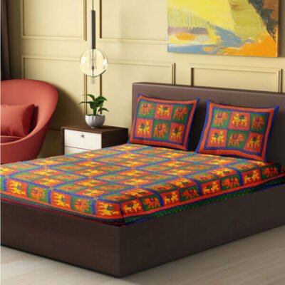 Rajasthani Traditional Jumbo Double Bedsheet with two Pillow Covers Red & Yellow Color