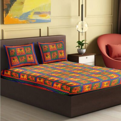 Rajasthani Traditional Jumbo Double Bedsheet with two Pillow Covers Red & Yellow Color