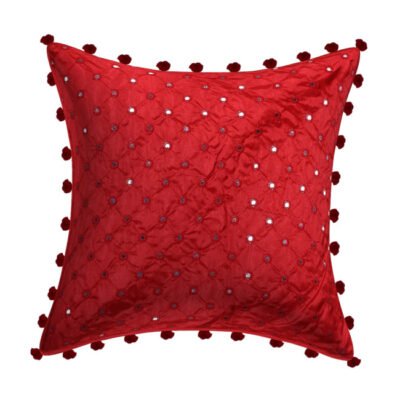 Red Mirrorwork Cushion Cover With Pom Pom