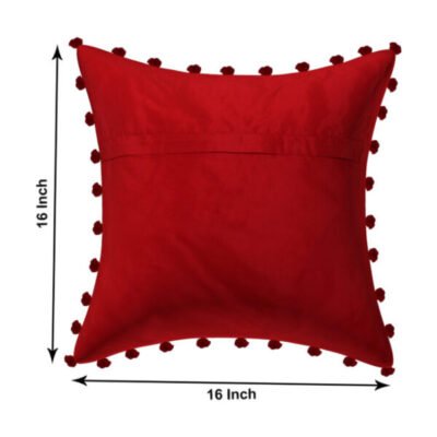 Red Mirrorwork Cushion Cover With Pom Pom