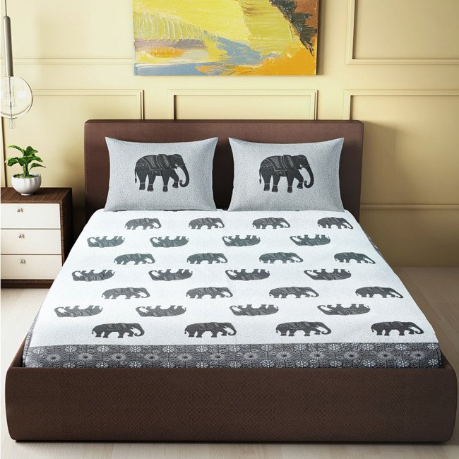 Rajasthani Traditional Jumbo Double Bedsheet with two Pillow Covers White and Grey Color