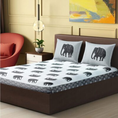 Rajasthani Traditional Jumbo Double Bedsheet with two Pillow Covers White and Grey Color