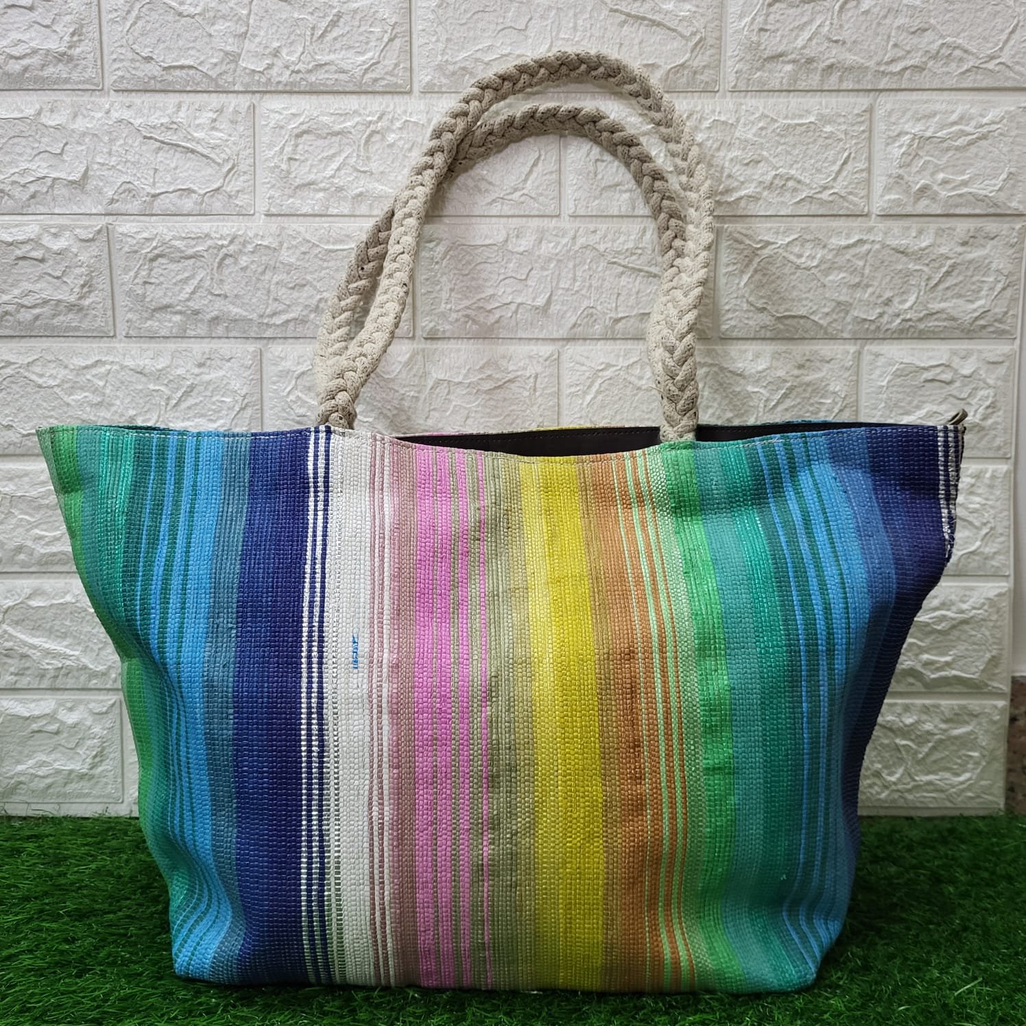 Stripped Rainbow Up-Cycled Tote Bag